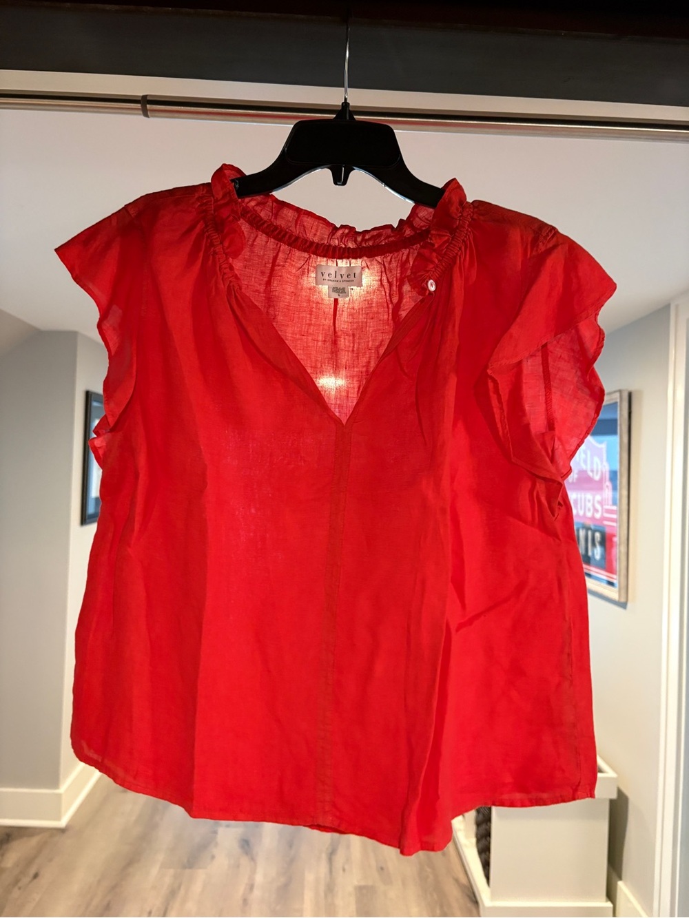 Velvet by Graham & Spencer Bright Red Ruffle Neck Flutter Sleeve Blouse